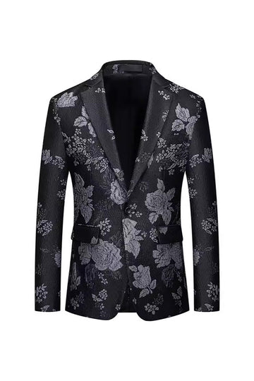 Black Floral Peak Lapel One Button Men's Blazer